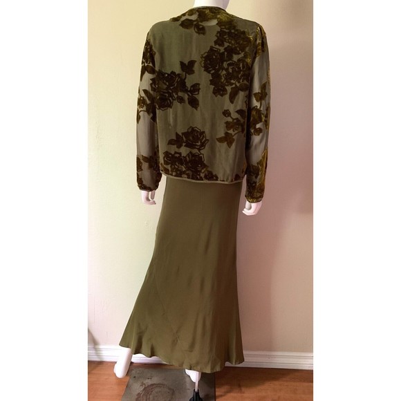 Citron Santa Monica Olive Green 2 Piece Set S Maxi Dress Velvet Burnout Jacket - Picture 6 of 13